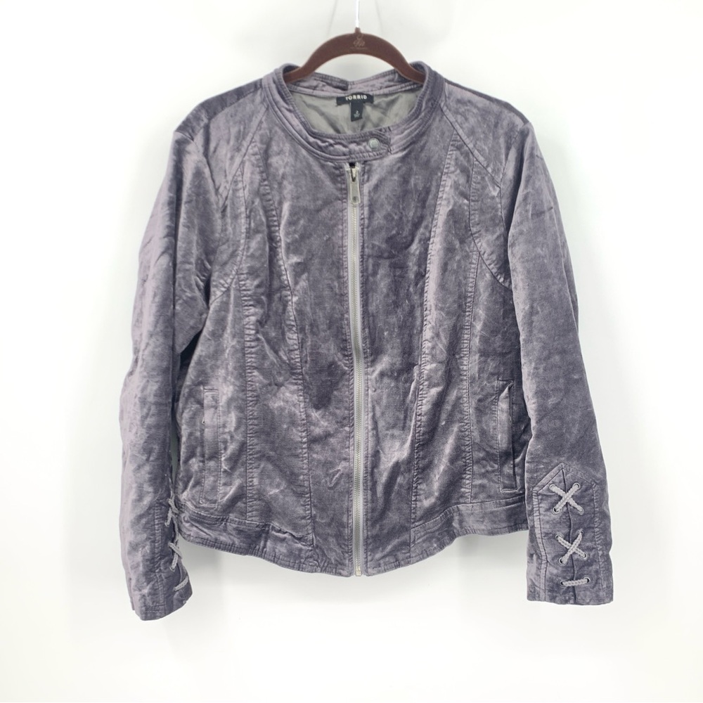 Torrid Women Size 2 2X 18 20 Jacket Gray Velvet Velour Moto Zip Front Coat Lined